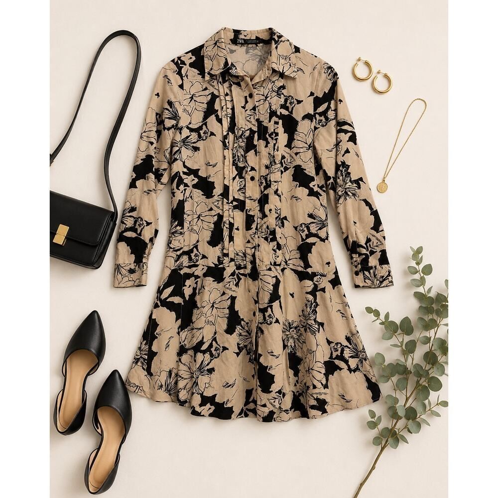 Zara Floral Shirt Dress Beige Black Lyocell Button Front Mini Drop Waist Dress